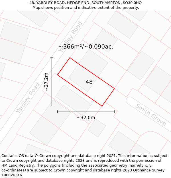 48, YARDLEY ROAD, HEDGE END, SOUTHAMPTON, SO30 0HQ: Plot and title map