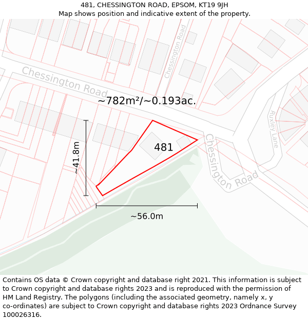 481, CHESSINGTON ROAD, EPSOM, KT19 9JH: Plot and title map