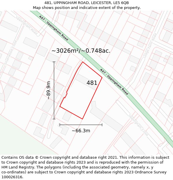 481, UPPINGHAM ROAD, LEICESTER, LE5 6QB: Plot and title map