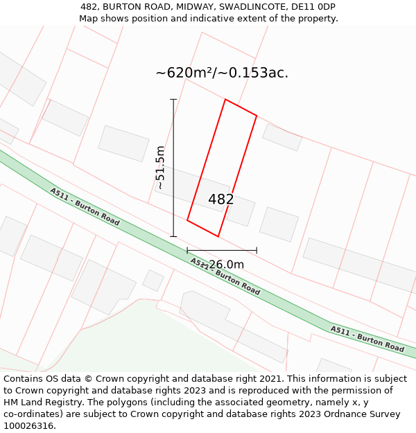 482, BURTON ROAD, MIDWAY, SWADLINCOTE, DE11 0DP: Plot and title map