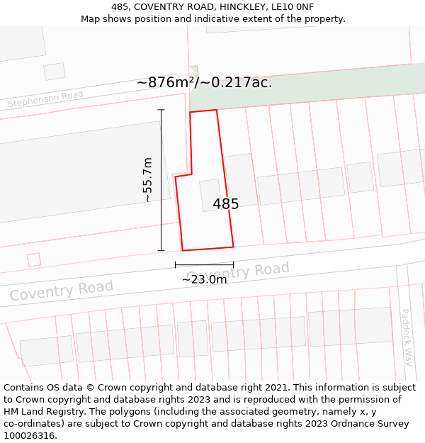 485, COVENTRY ROAD, HINCKLEY, LE10 0NF: Plot and title map