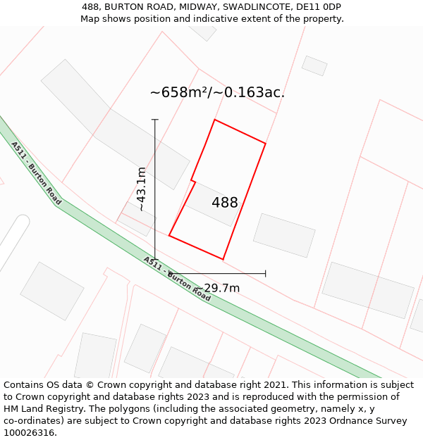 488, BURTON ROAD, MIDWAY, SWADLINCOTE, DE11 0DP: Plot and title map