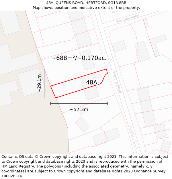 48A, QUEENS ROAD, HERTFORD, SG13 8BB: Plot and title map