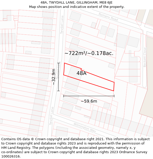 48A, TWYDALL LANE, GILLINGHAM, ME8 6JE: Plot and title map