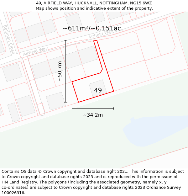 49, AIRFIELD WAY, HUCKNALL, NOTTINGHAM, NG15 6WZ: Plot and title map