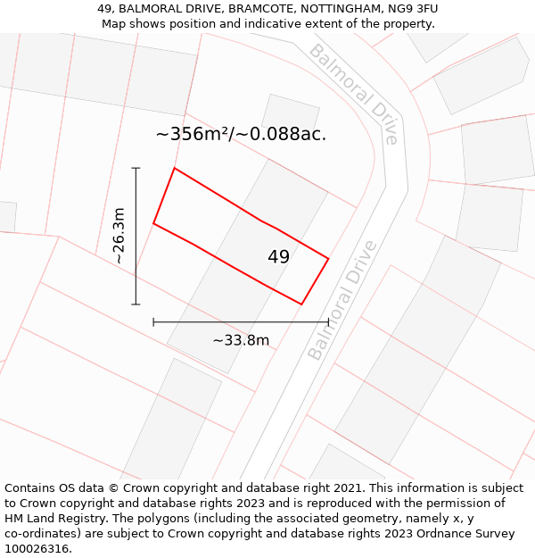 49, BALMORAL DRIVE, BRAMCOTE, NOTTINGHAM, NG9 3FU: Plot and title map