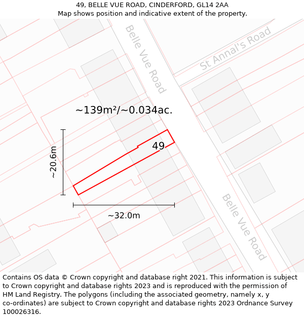 49, BELLE VUE ROAD, CINDERFORD, GL14 2AA: Plot and title map