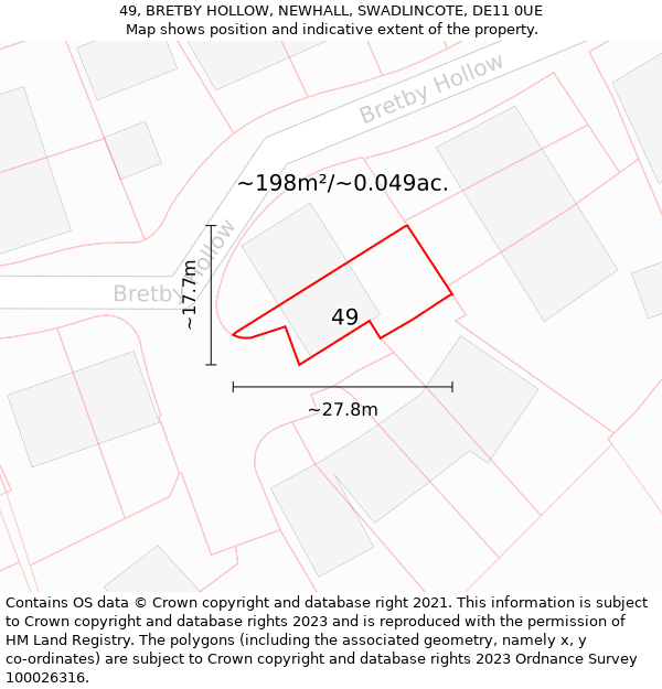 49, BRETBY HOLLOW, NEWHALL, SWADLINCOTE, DE11 0UE: Plot and title map