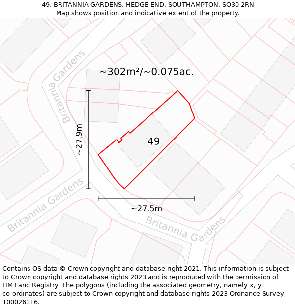 49, BRITANNIA GARDENS, HEDGE END, SOUTHAMPTON, SO30 2RN: Plot and title map