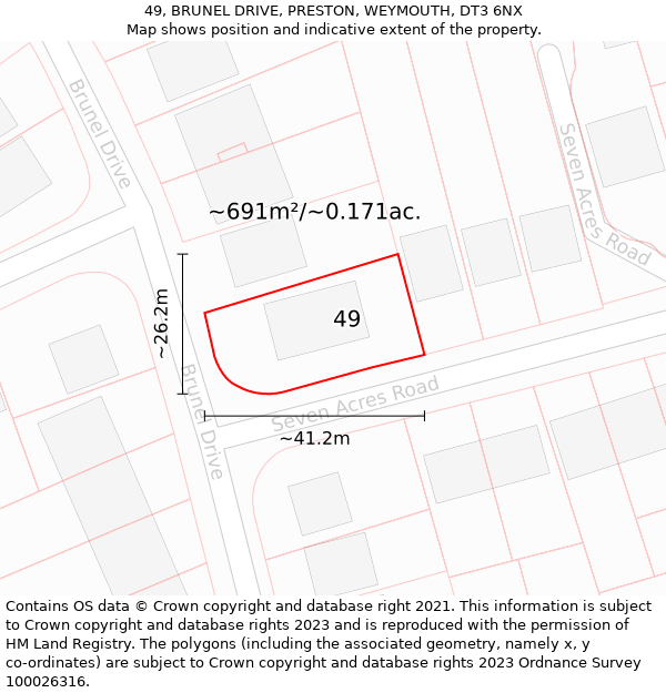 49, BRUNEL DRIVE, PRESTON, WEYMOUTH, DT3 6NX: Plot and title map