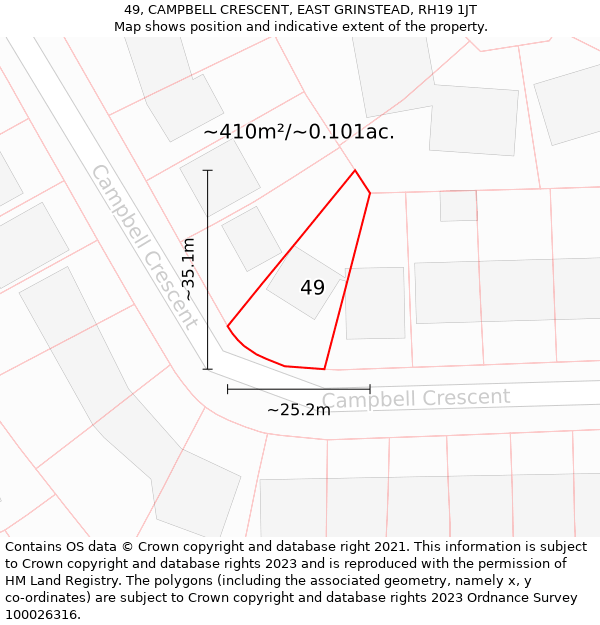 49, CAMPBELL CRESCENT, EAST GRINSTEAD, RH19 1JT: Plot and title map