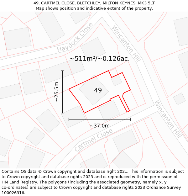 49, CARTMEL CLOSE, BLETCHLEY, MILTON KEYNES, MK3 5LT: Plot and title map