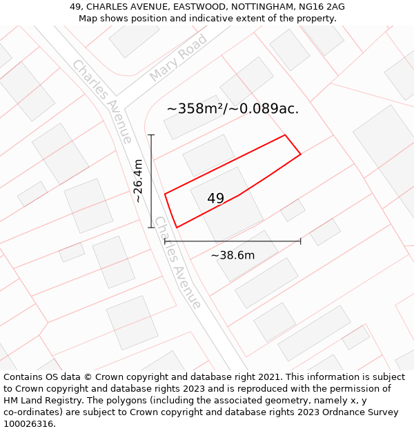 49, CHARLES AVENUE, EASTWOOD, NOTTINGHAM, NG16 2AG: Plot and title map