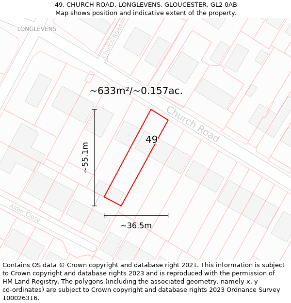 49, CHURCH ROAD, LONGLEVENS, GLOUCESTER, GL2 0AB: Plot and title map