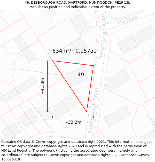 49, DESBOROUGH ROAD, HARTFORD, HUNTINGDON, PE29 1SL: Plot and title map