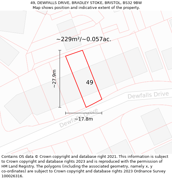 49, DEWFALLS DRIVE, BRADLEY STOKE, BRISTOL, BS32 9BW: Plot and title map