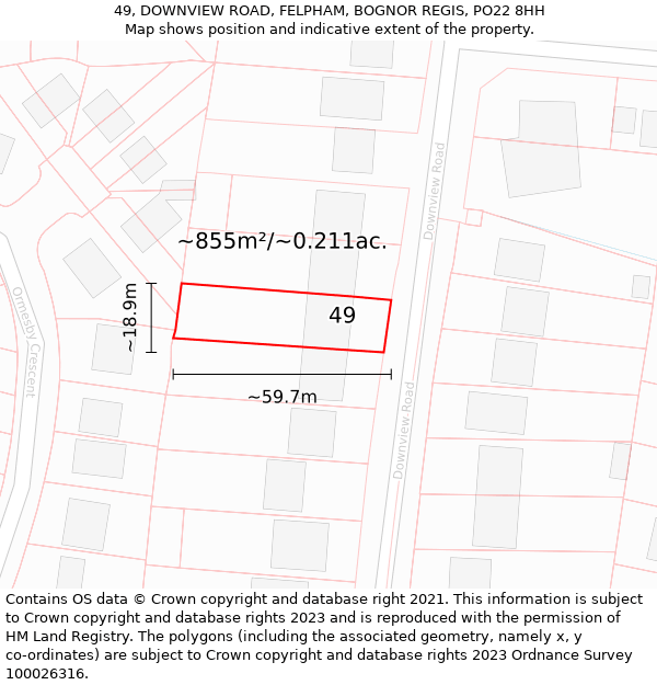 49, DOWNVIEW ROAD, FELPHAM, BOGNOR REGIS, PO22 8HH: Plot and title map