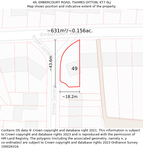 49, EMBERCOURT ROAD, THAMES DITTON, KT7 0LJ: Plot and title map