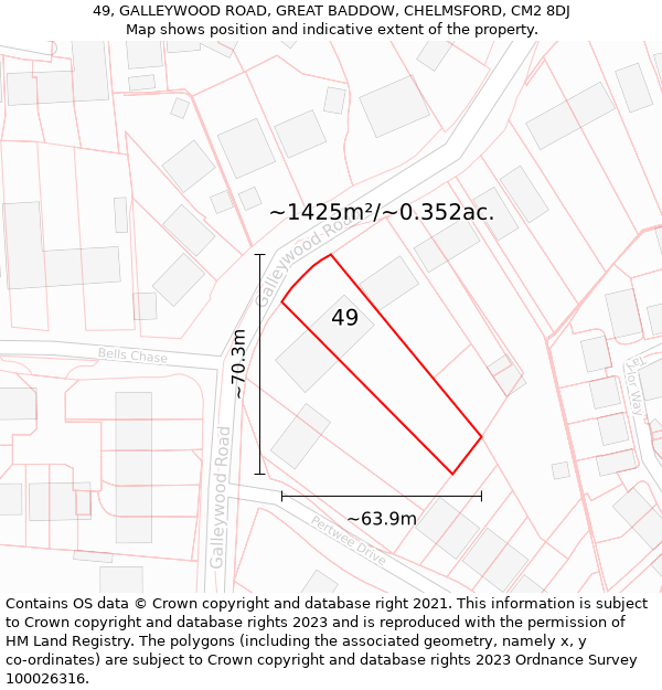 49, GALLEYWOOD ROAD, GREAT BADDOW, CHELMSFORD, CM2 8DJ: Plot and title map