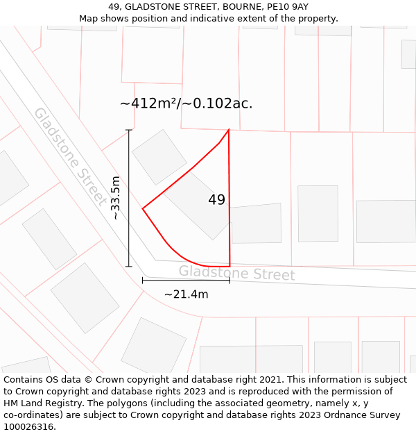 49, GLADSTONE STREET, BOURNE, PE10 9AY: Plot and title map