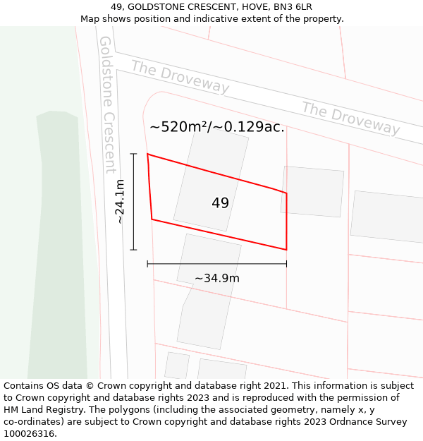 49, GOLDSTONE CRESCENT, HOVE, BN3 6LR: Plot and title map