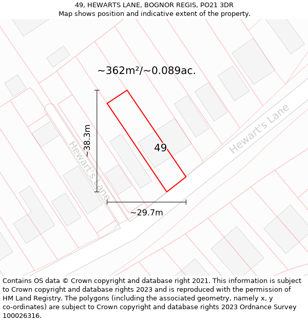 49, HEWARTS LANE, BOGNOR REGIS, PO21 3DR: Plot and title map