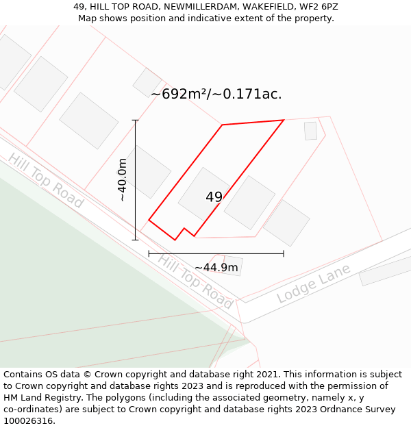 49, HILL TOP ROAD, NEWMILLERDAM, WAKEFIELD, WF2 6PZ: Plot and title map