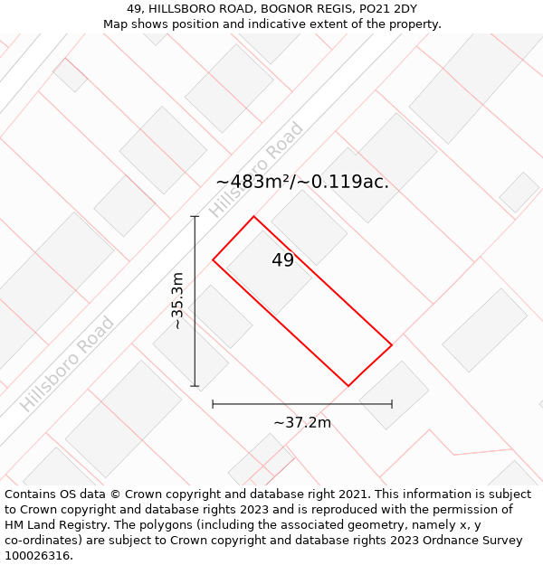 49, HILLSBORO ROAD, BOGNOR REGIS, PO21 2DY: Plot and title map