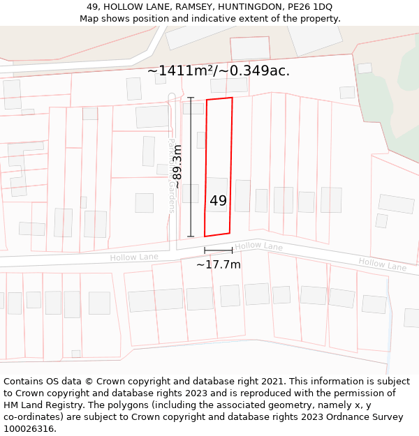 49, HOLLOW LANE, RAMSEY, HUNTINGDON, PE26 1DQ: Plot and title map