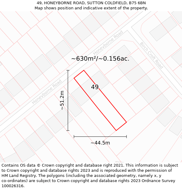 49, HONEYBORNE ROAD, SUTTON COLDFIELD, B75 6BN: Plot and title map