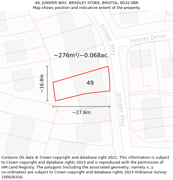 49, JUNIPER WAY, BRADLEY STOKE, BRISTOL, BS32 0BR: Plot and title map