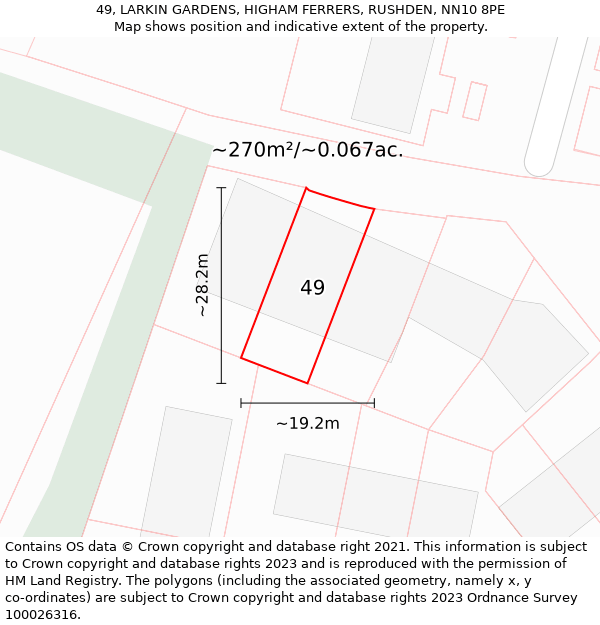 49, LARKIN GARDENS, HIGHAM FERRERS, RUSHDEN, NN10 8PE: Plot and title map