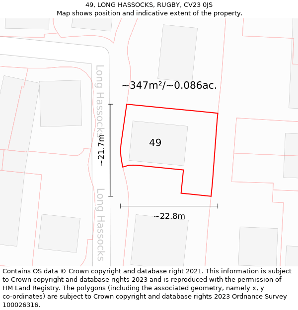 49, LONG HASSOCKS, RUGBY, CV23 0JS: Plot and title map