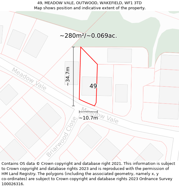 49, MEADOW VALE, OUTWOOD, WAKEFIELD, WF1 3TD: Plot and title map