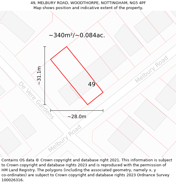 49, MELBURY ROAD, WOODTHORPE, NOTTINGHAM, NG5 4PF: Plot and title map