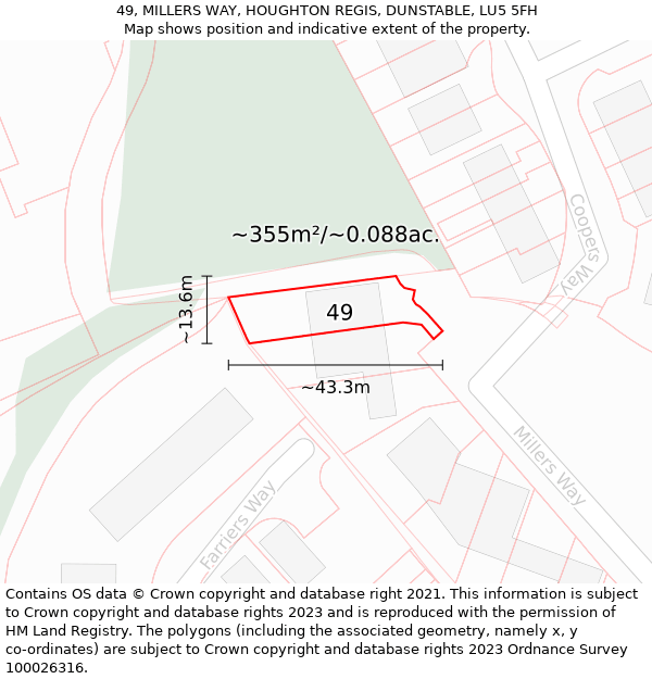 49, MILLERS WAY, HOUGHTON REGIS, DUNSTABLE, LU5 5FH: Plot and title map