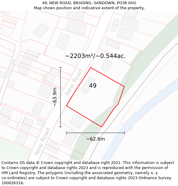 49, NEW ROAD, BRADING, SANDOWN, PO36 0AG: Plot and title map