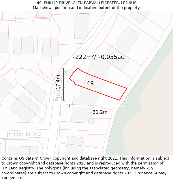 49, PHILLIP DRIVE, GLEN PARVA, LEICESTER, LE2 9US: Plot and title map