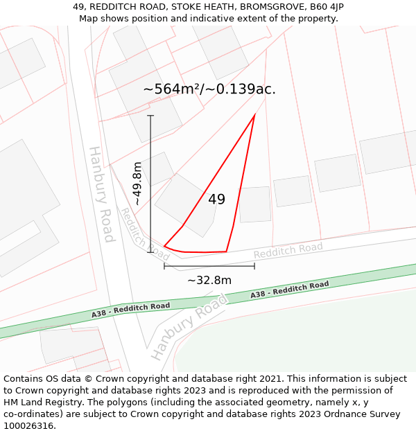 49, REDDITCH ROAD, STOKE HEATH, BROMSGROVE, B60 4JP: Plot and title map