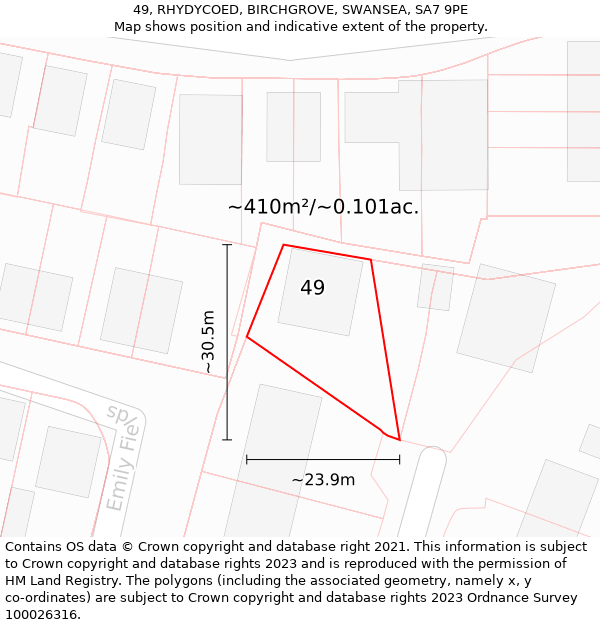 49, RHYDYCOED, BIRCHGROVE, SWANSEA, SA7 9PE: Plot and title map