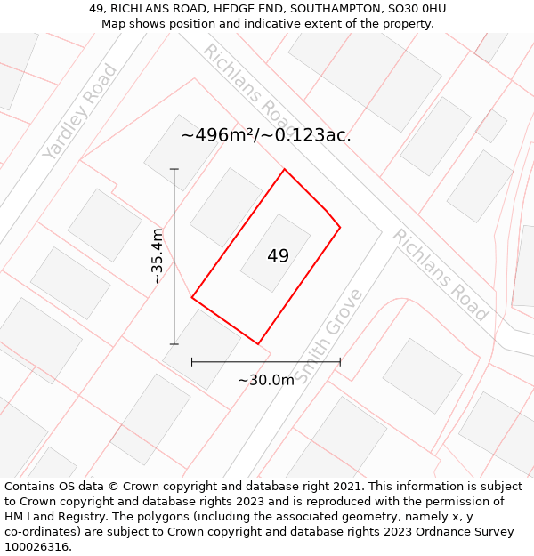 49, RICHLANS ROAD, HEDGE END, SOUTHAMPTON, SO30 0HU: Plot and title map