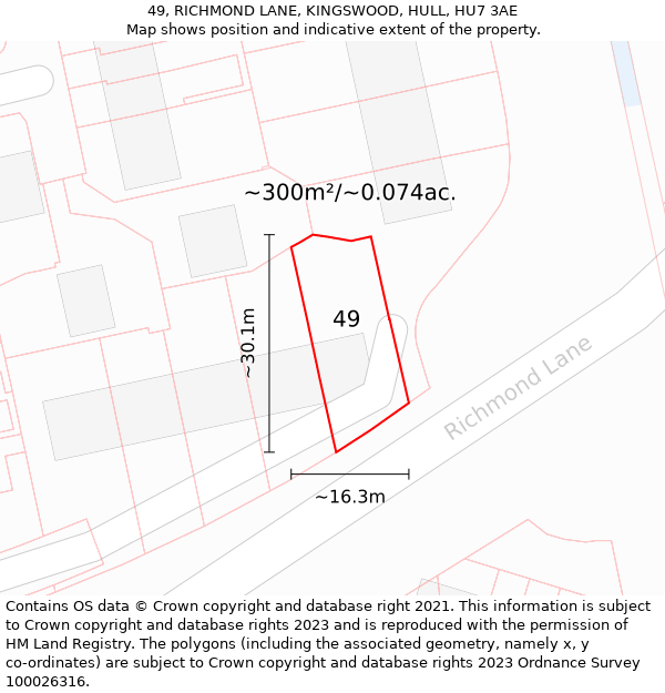 49, RICHMOND LANE, KINGSWOOD, HULL, HU7 3AE: Plot and title map