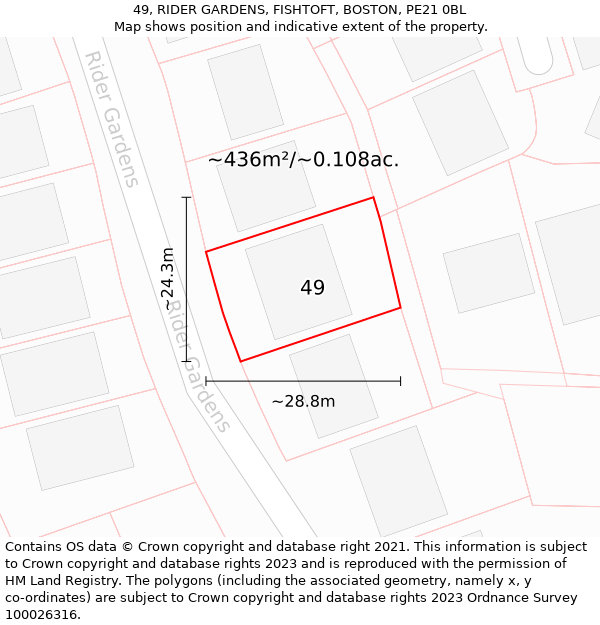 49, RIDER GARDENS, FISHTOFT, BOSTON, PE21 0BL: Plot and title map