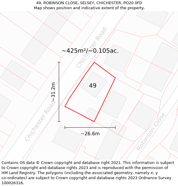 49, ROBINSON CLOSE, SELSEY, CHICHESTER, PO20 0FD: Plot and title map