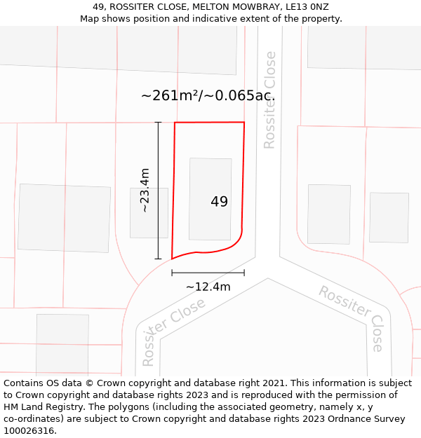 49, ROSSITER CLOSE, MELTON MOWBRAY, LE13 0NZ: Plot and title map