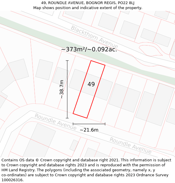 49, ROUNDLE AVENUE, BOGNOR REGIS, PO22 8LJ: Plot and title map