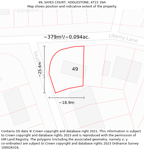 49, SAYES COURT, ADDLESTONE, KT15 1NA: Plot and title map