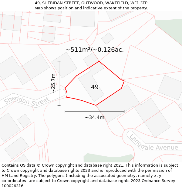 49, SHERIDAN STREET, OUTWOOD, WAKEFIELD, WF1 3TP: Plot and title map