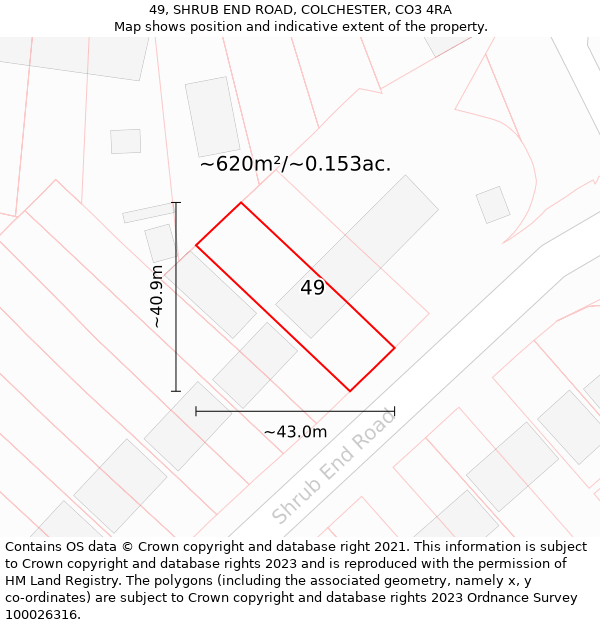 49, SHRUB END ROAD, COLCHESTER, CO3 4RA: Plot and title map