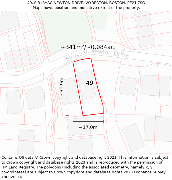 49, SIR ISAAC NEWTON DRIVE, WYBERTON, BOSTON, PE21 7SG: Plot and title map